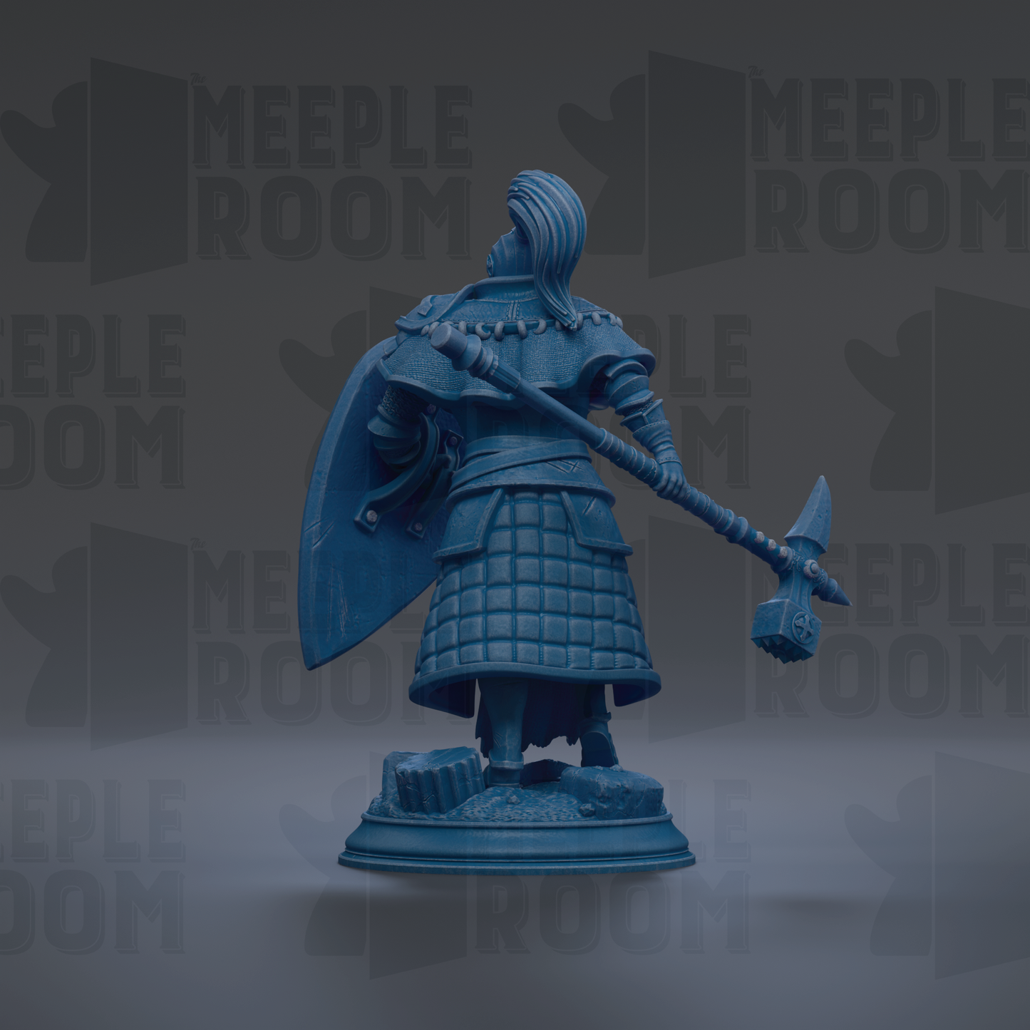 A blue statue of a warrior figure holding a shield and sword, standing on a pedestal against a dark background with repeated text.