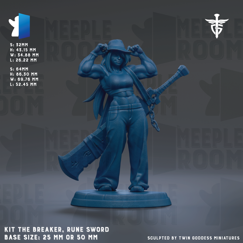 a figurine of a muscular woman holding a large, ornate weapon, likely a Rune sword, with a blue and white color scheme. The figurine is set against a dark background with the text "MEIPLE ROOM" repeated multiple times. The base size of the figurine is 25mm or 50mm. The figurine is described as being sculpted by Twin Goddess miniatures.