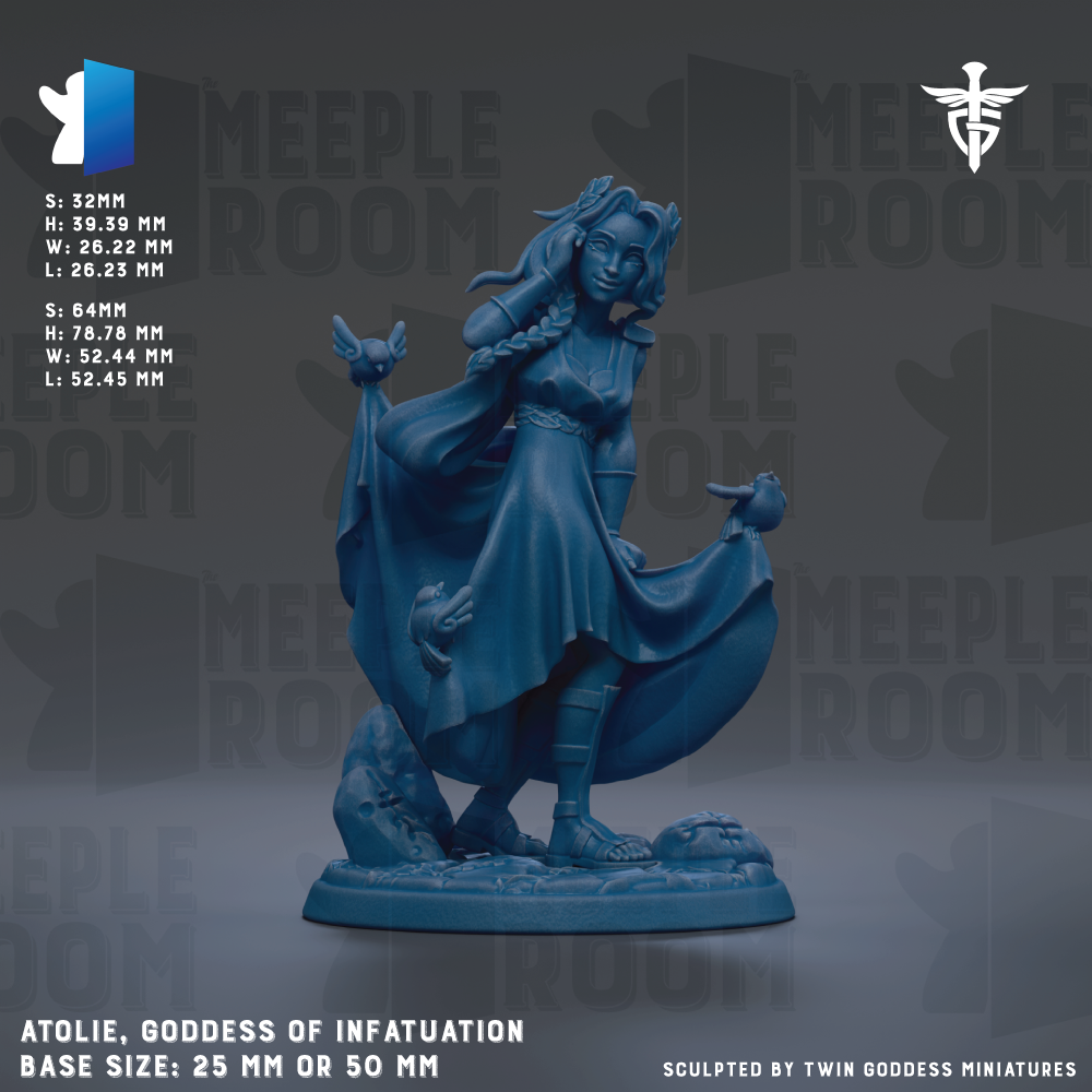 The image is a figurine of a woman with long hair, wearing a flowing dress, and holding a bird. The figurine is blue in color and appears to be made of a material that resembles metal or plastic. The image is described as a "meadow" and "meadow room" and is part of a collection of figurines. The base size of the figurine is either 25mm or 50mm. The image is described as "sculpted by twin goddess miniatures".