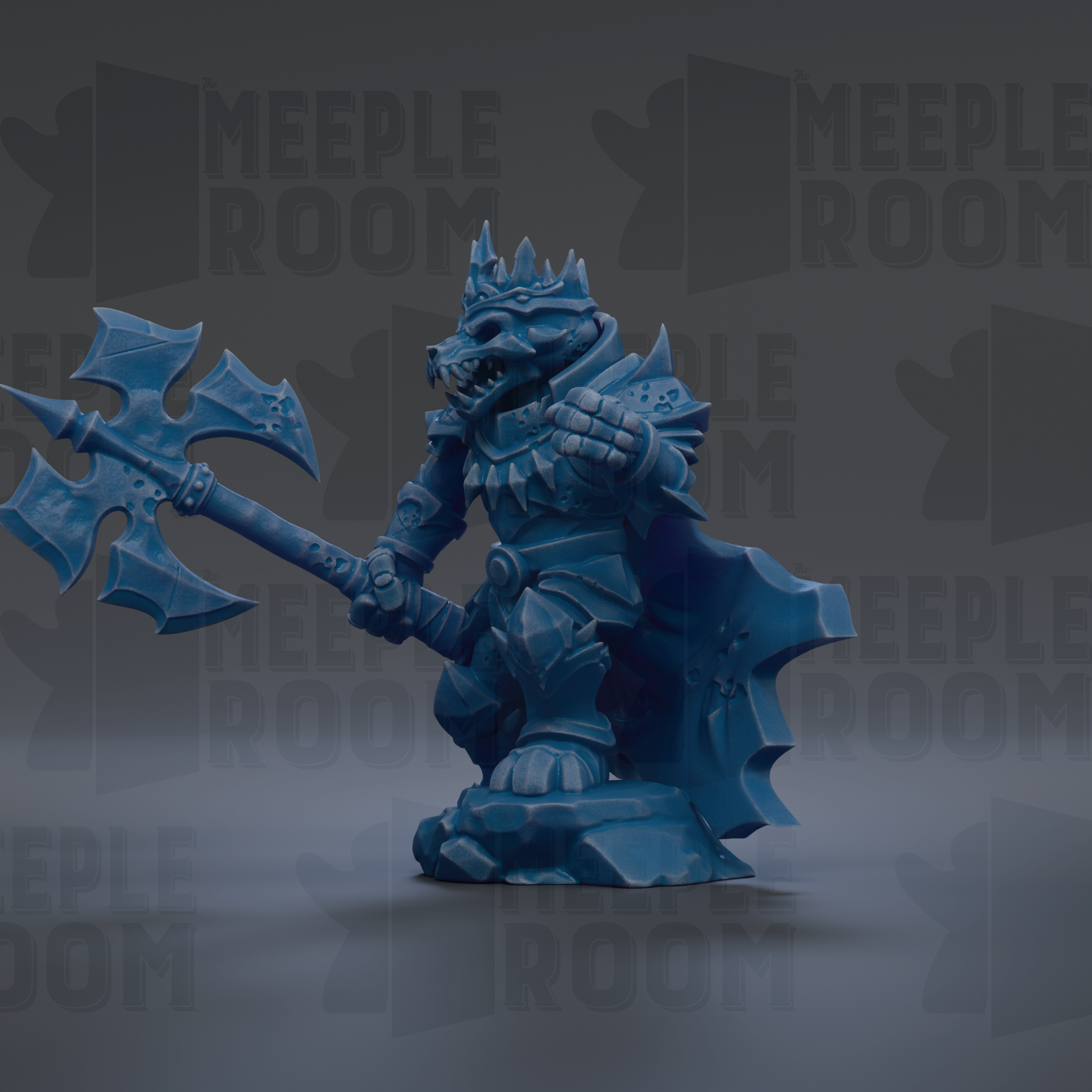A blue, armored warrior figure holding a large weapon, standing on a rock formation against a dark background with repeated text.