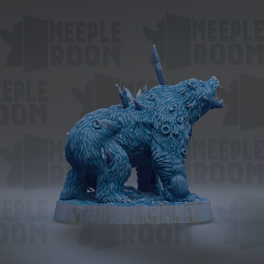 A 3D rendering of a blue, furry creature resembling a bear or a similar animal, with sharp teeth and spikes protruding from its body.