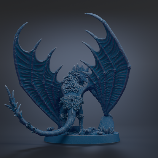 A detailed 3D rendering of a blue dragon statue with large wings and sharp teeth, standing on a base with a rock formation.