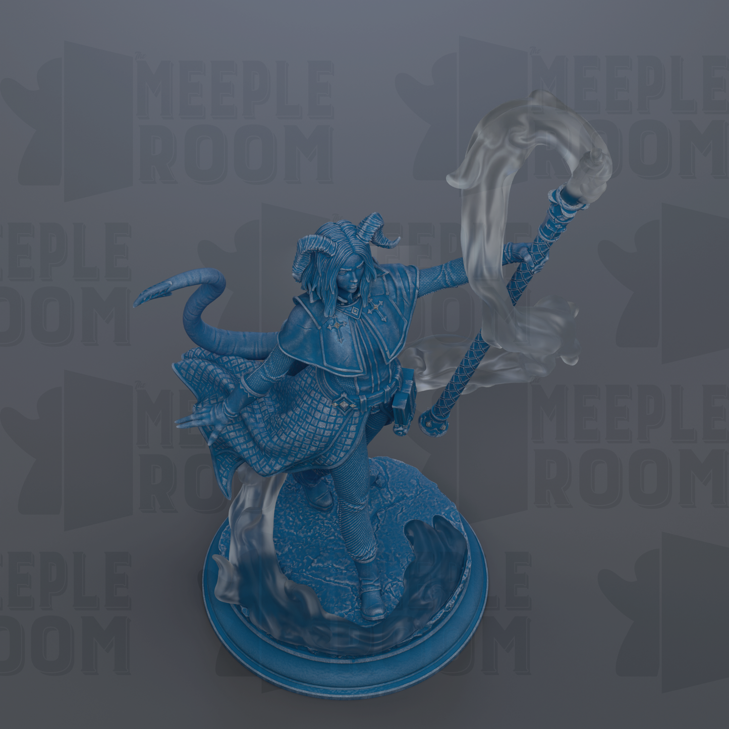 A 3D rendering of a blue dragon-like creature with horns and a flowing cape, holding a staff and surrounded by a misty atmosphere.