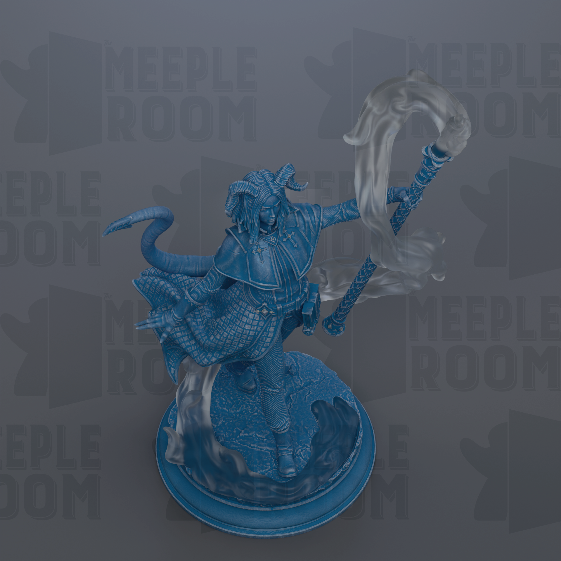 A 3D rendering of a blue dragon-like creature with horns and a flowing cape, holding a staff and surrounded by a misty atmosphere.