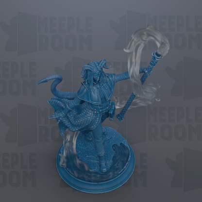 A 3D rendering of a blue dragon-like creature with horns and a flowing cape, holding a staff and surrounded by a misty atmosphere.