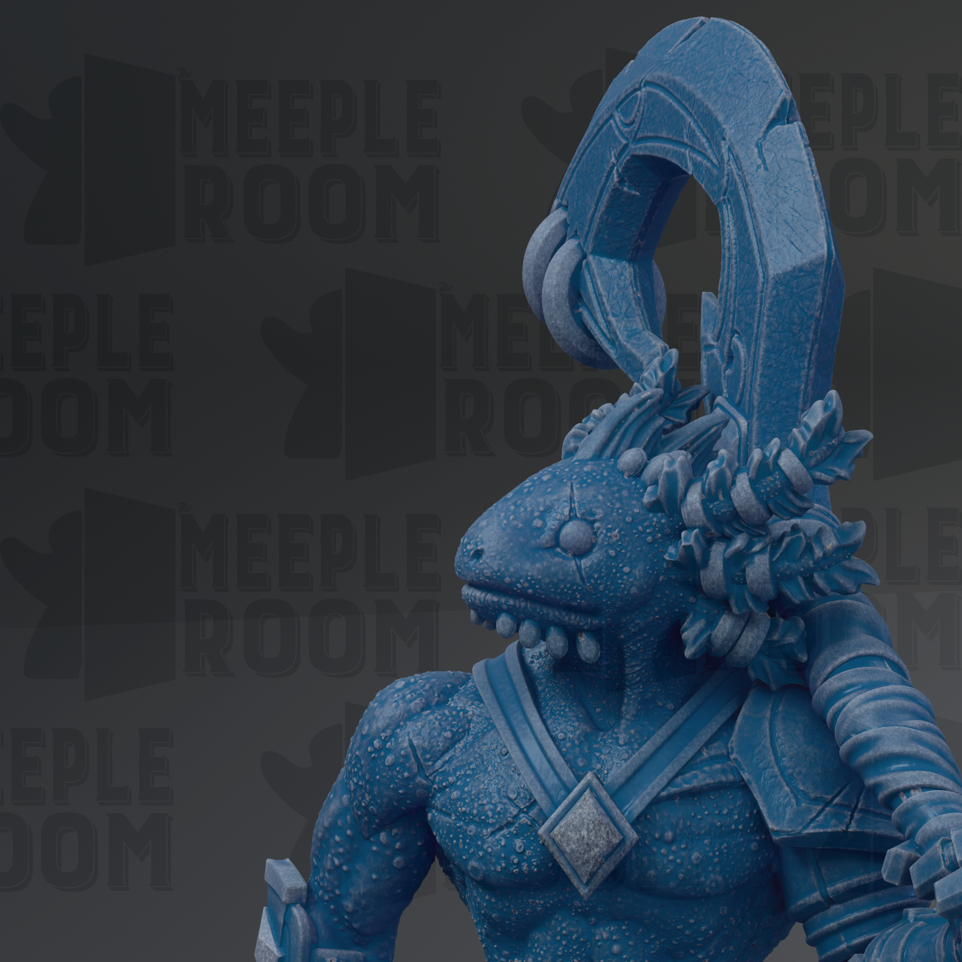 A blue, fantastical creature with a large head and intricate details, possibly a mythical or magical being, is the central focus of the image.
