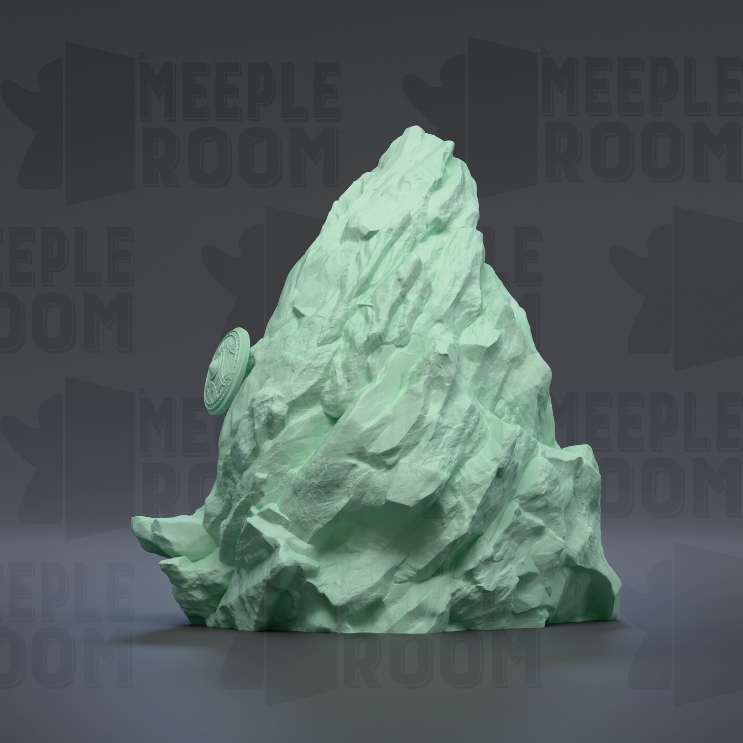 A large, green, rocky formation resembling a mountain or peak, with the word "MEIPL" visible in the background.