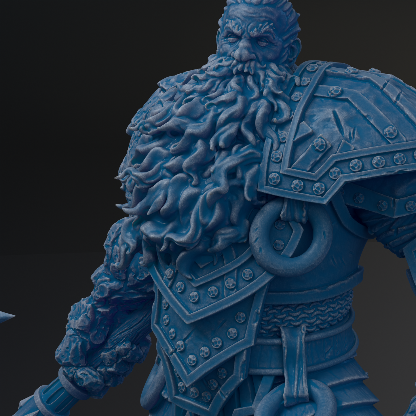 A detailed 3D rendering of a blue armored warrior figure with a long beard, wearing a suit of armor with intricate designs and patterns.