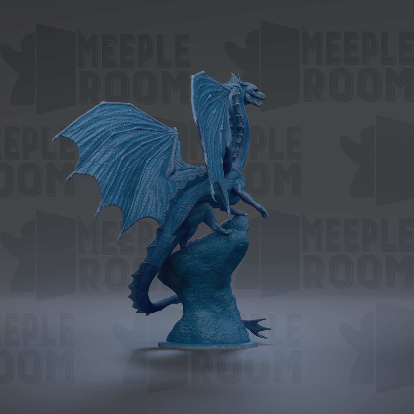 A blue dragon statue with outstretched wings stands on a rock against a dark background.
