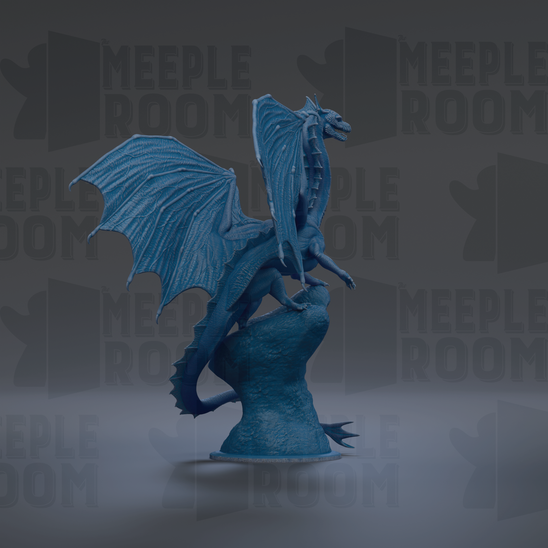 A blue dragon statue with outstretched wings stands on a rock against a dark background.