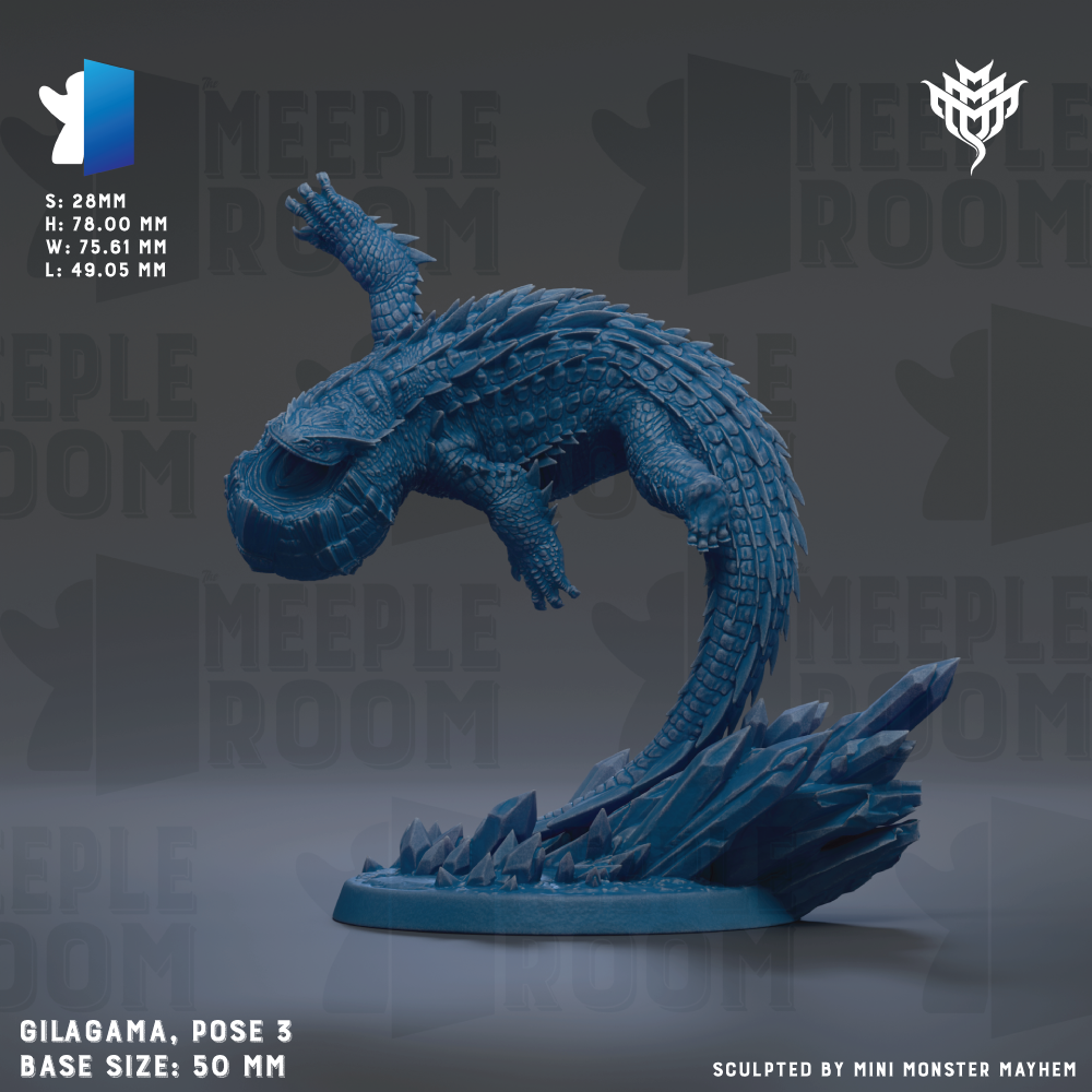 a blue, 3D-rendered model of a large, armored creature resembling a crocodile or alligator, with a textured, armored appearance. The creature is posed in a dynamic, action-like manner, with its head and tail raised. The background is a dark gray color, providing a stark contrast to the blue of the creature. The image is described as a "collage of multiple images" and "sculpted by mini monster Mayhem", suggesting that it is a unique, custom-made model created for display or sale.