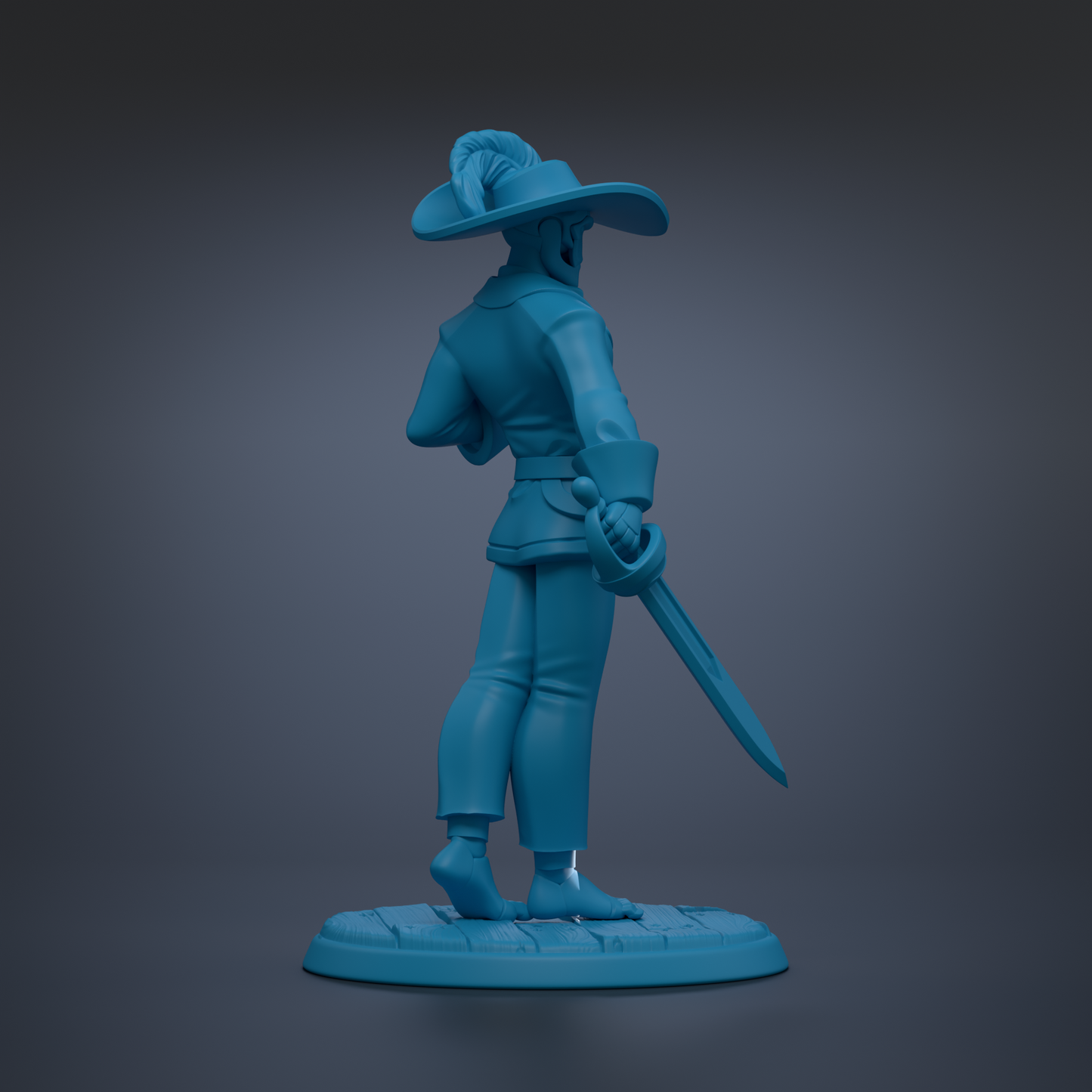 A blue 3D model of a character wearing a hat and holding a sword.
