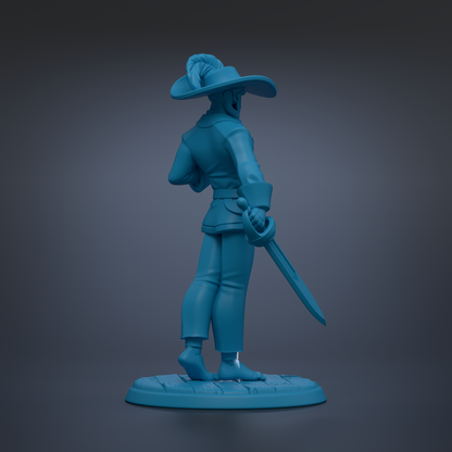 A blue 3D model of a character wearing a hat and holding a sword.