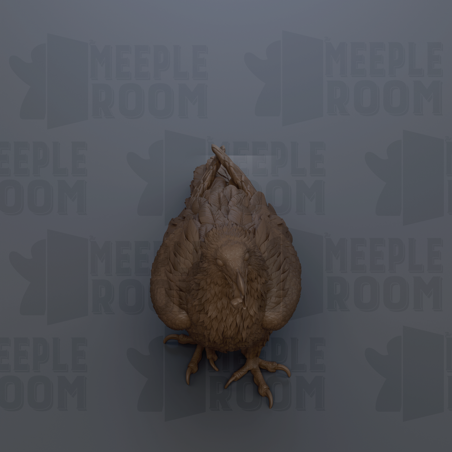 a bird statue against a grey background with the repeated text "MEIPLE ROOM" in the background.