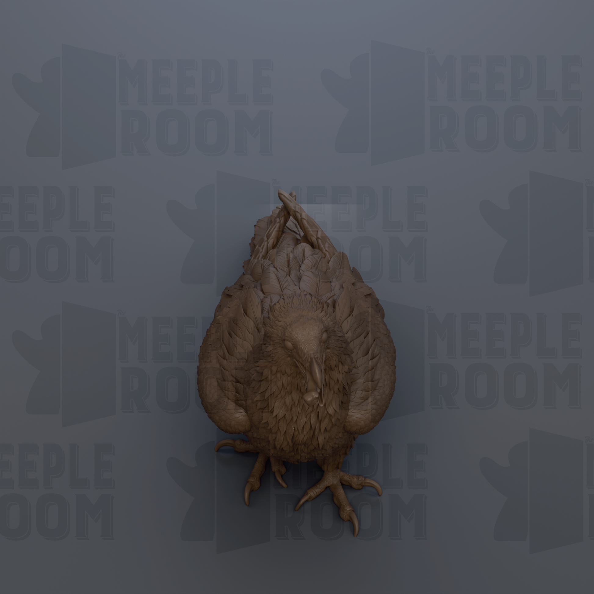 a bird statue against a grey background with the repeated text "MEIPLE ROOM" in the background.