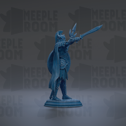 A blue statue of a warrior figure holding a sword and shield, standing on a pedestal against a dark background with repeated text.