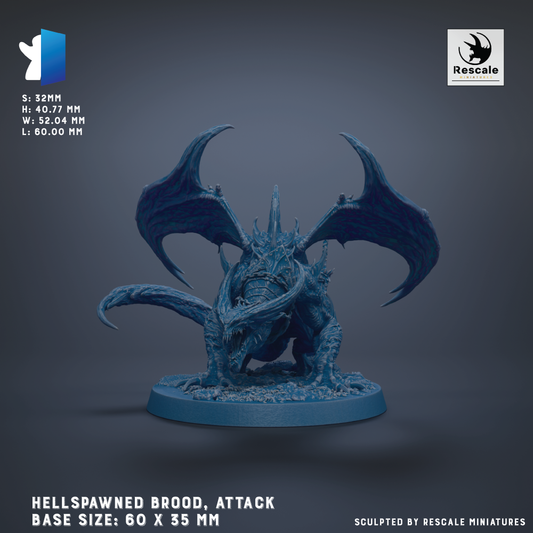 A 3D model of a Hellspawned Brood, a type of fantasy creature, is shown against a dark background. The model is described as a "HELLSPAWNED BROOD, ATTACK" and is based on the "HELLSPAWNED BROOD, ATTACK BASE SIZES: 60 X 35 MM". The image is a 3D rendering of the model, and it is described as being "Sculpted by RESCALE MINIATURES".