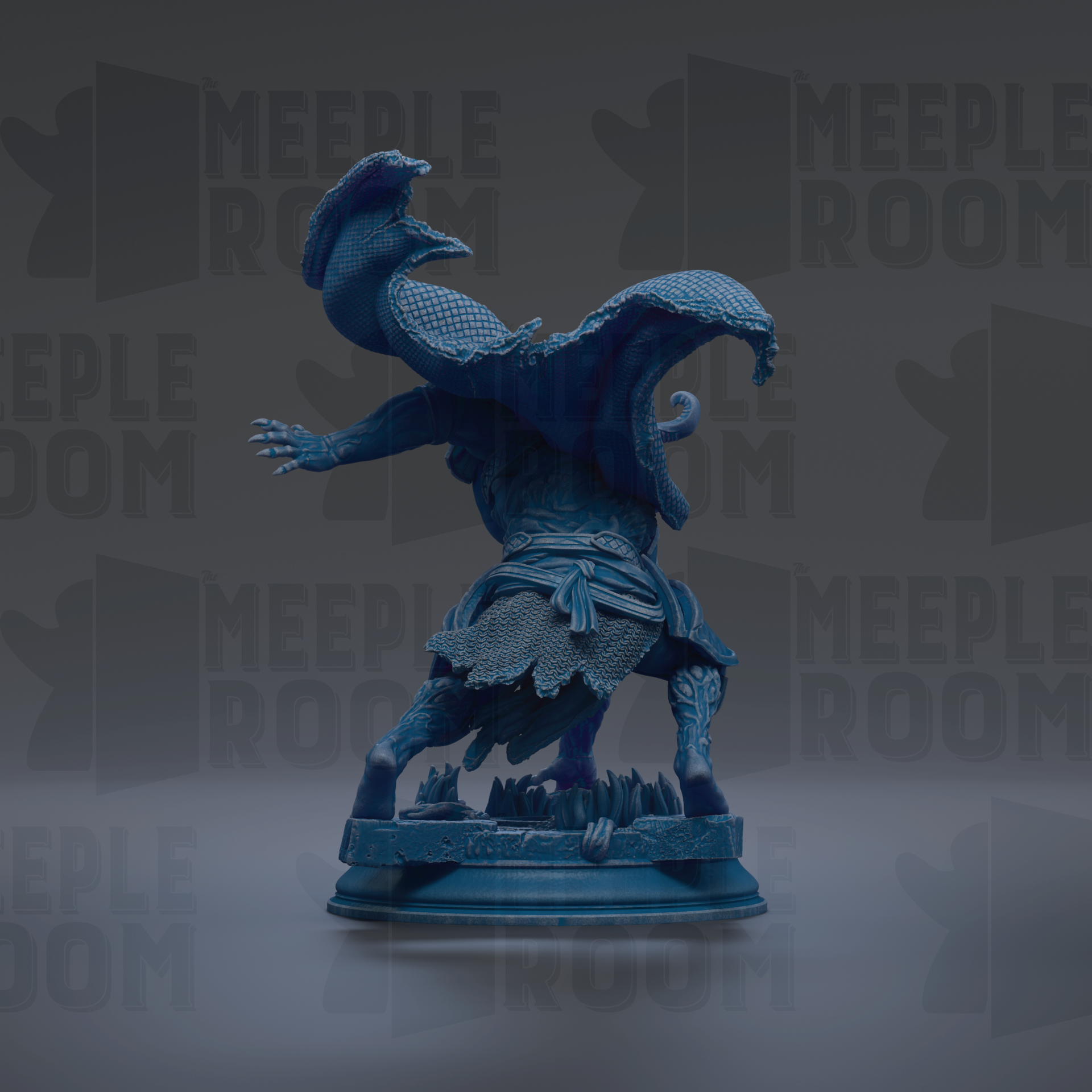 A blue, 3D-rendered statue of a dragon-like creature with a large head and wings, standing on a pedestal.