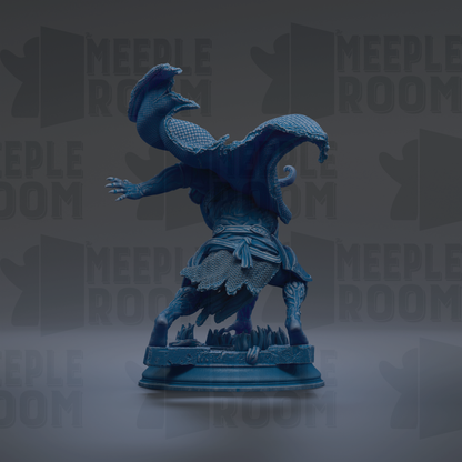 A blue, 3D-rendered statue of a dragon-like creature with a large head and wings, standing on a pedestal.