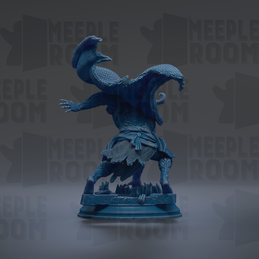 A blue, 3D-rendered statue of a dragon-like creature with a large head and wings, standing on a pedestal.