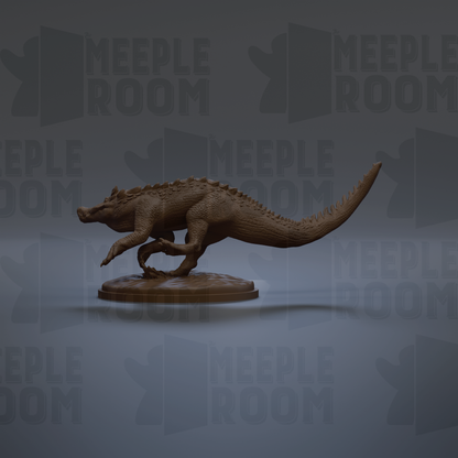 A 3D model of a crocodile-like creature, possibly a dinosaur or alligator, is shown in a dynamic running pose on a platform.