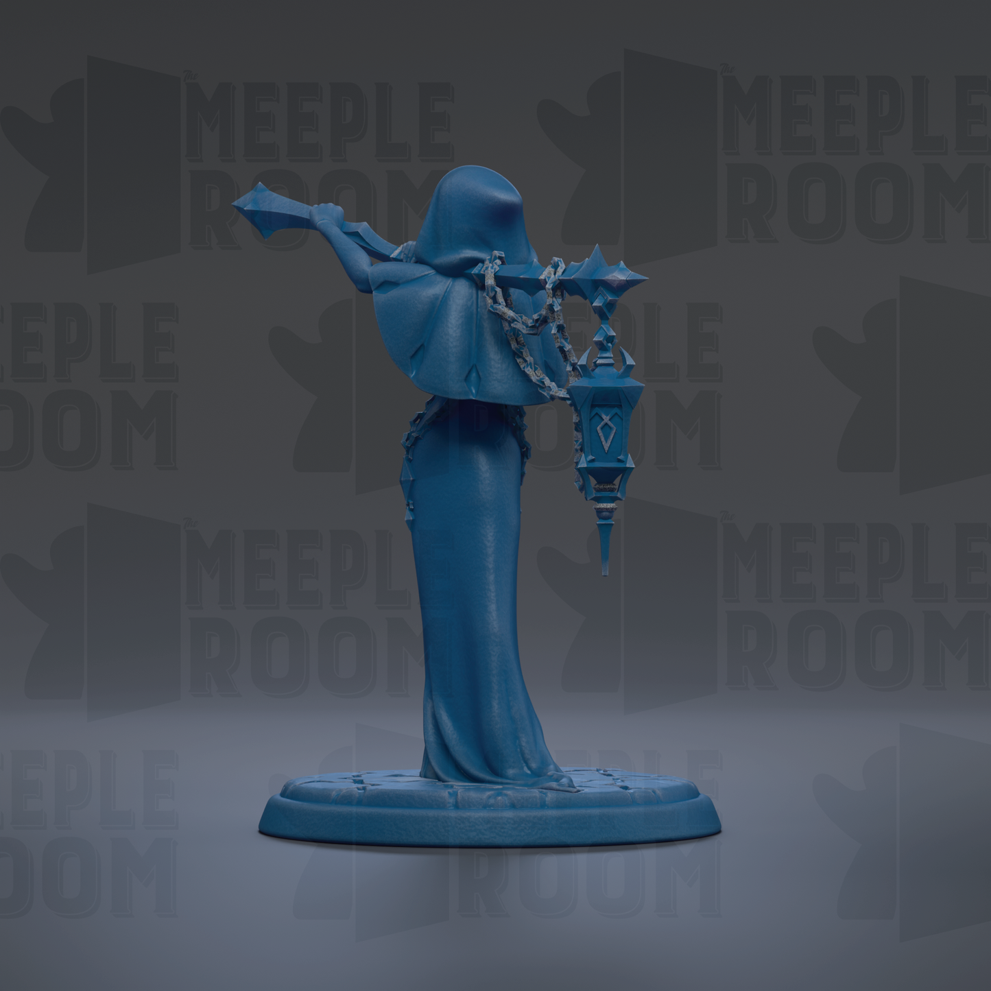 A blue statue of a figure holding a lantern, standing on a base.