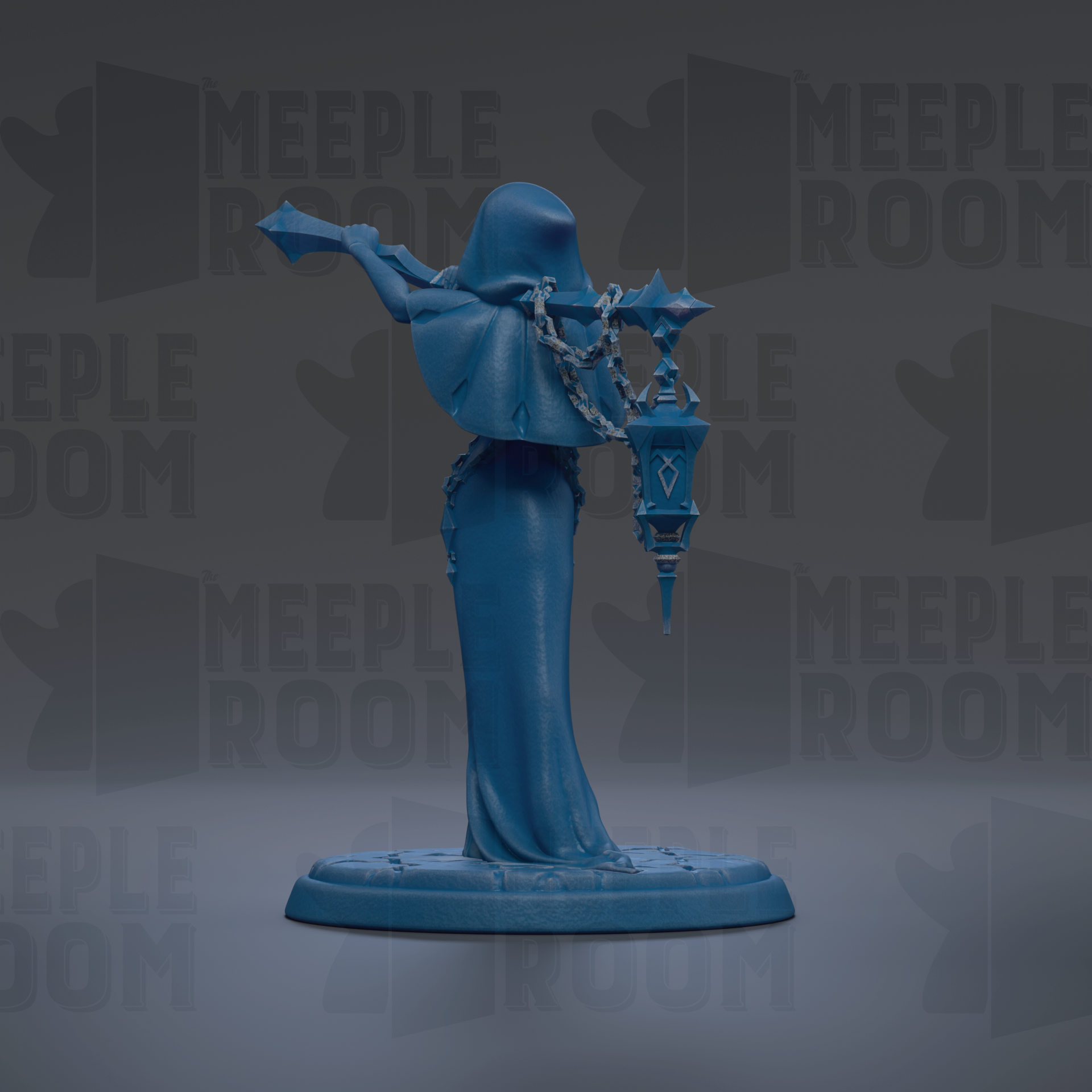 A blue statue of a figure holding a lantern, standing on a base.