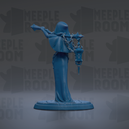 A blue statue of a figure holding a lantern, standing on a base.