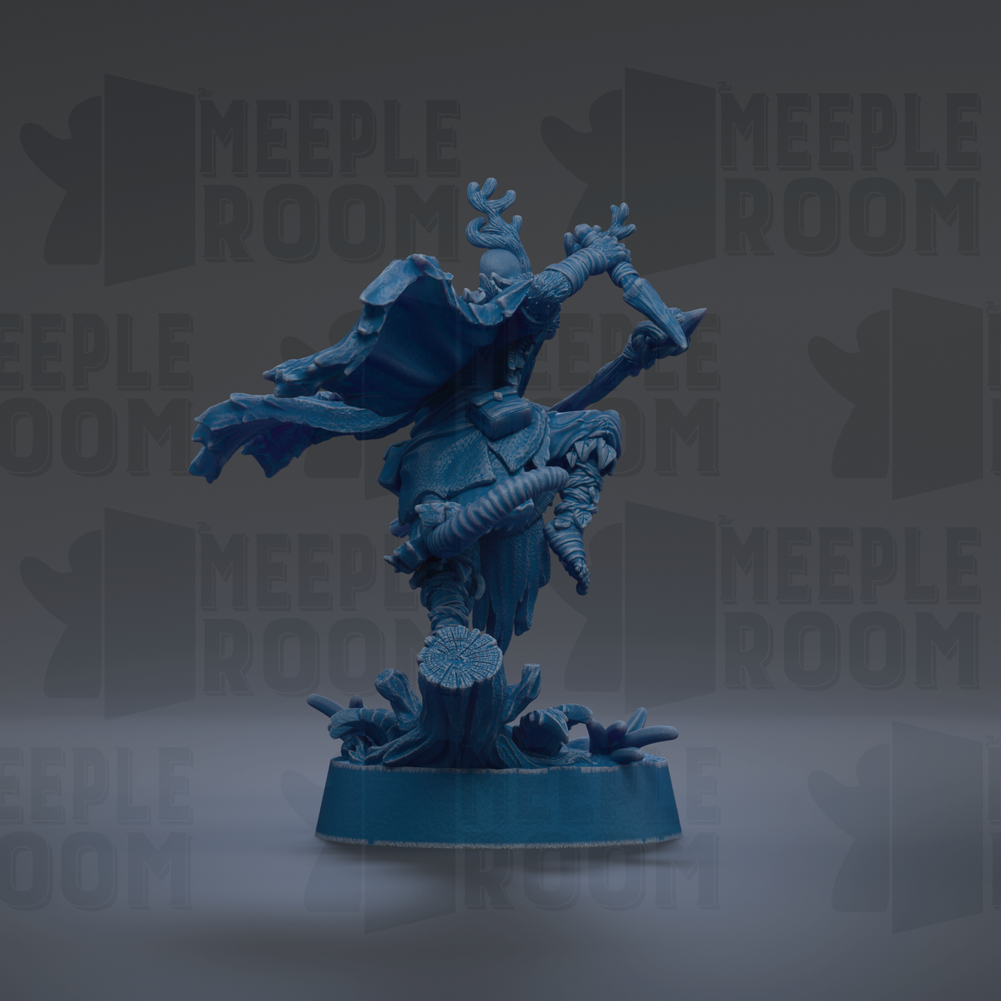 A blue figurine of a person with a cape and a sword, standing on a base and holding a shield, against a dark background with repeated text.