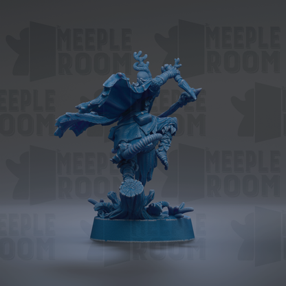 A blue figurine of a person with a cape and a sword, standing on a base and holding a shield, against a dark background with repeated text.