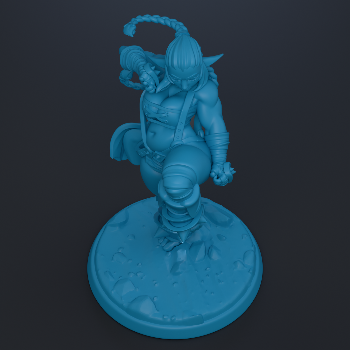 A 3D rendering of a female character in a fighting stance, depicted in a blue color.