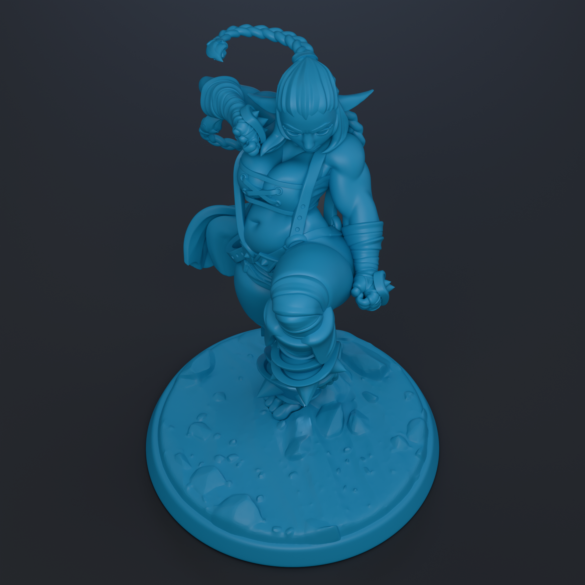 A 3D rendering of a female character in a fighting stance, depicted in a blue color.