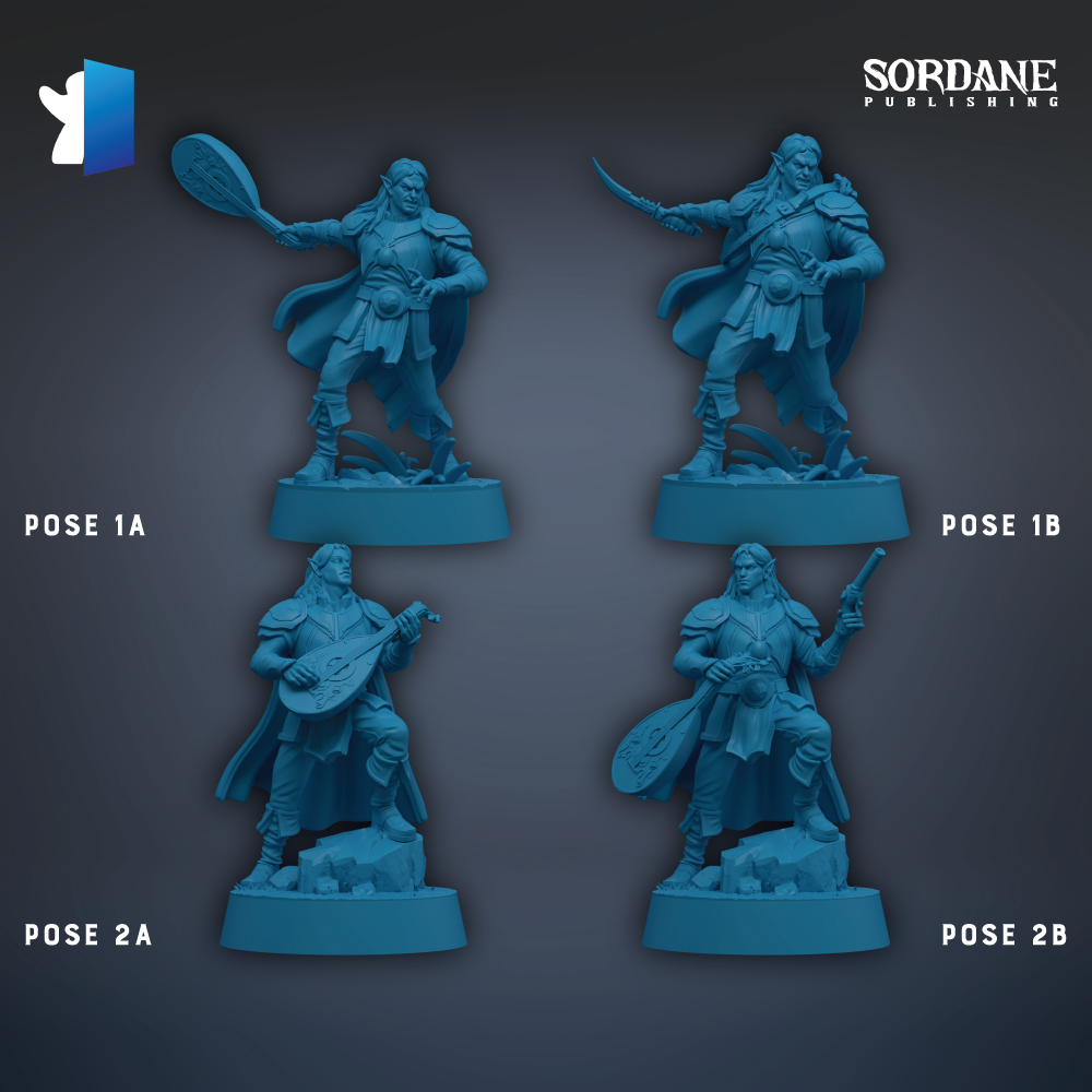 four blue figurines of characters, each with different poses, arranged in a grid-like pattern against a dark background.