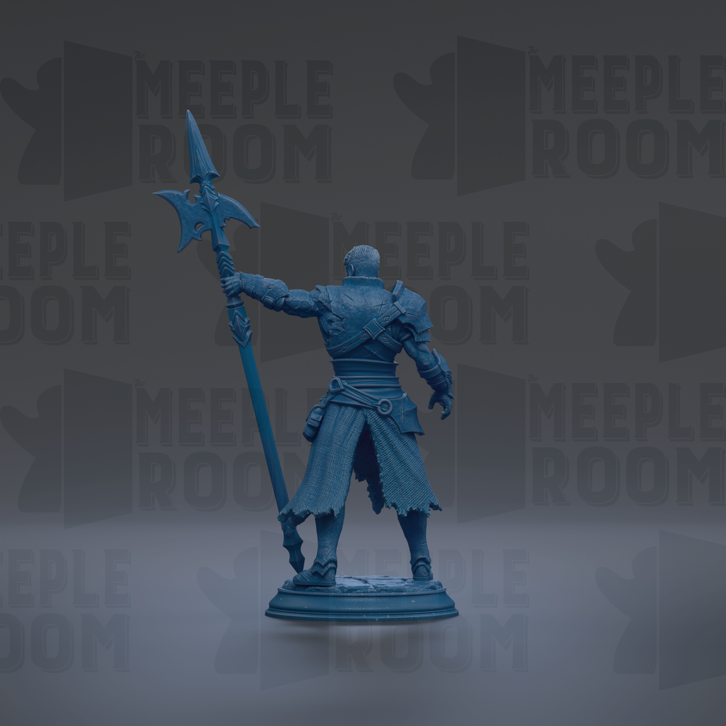 A blue figurine of a warrior standing with a spear in hand, against a dark background with repeated text.