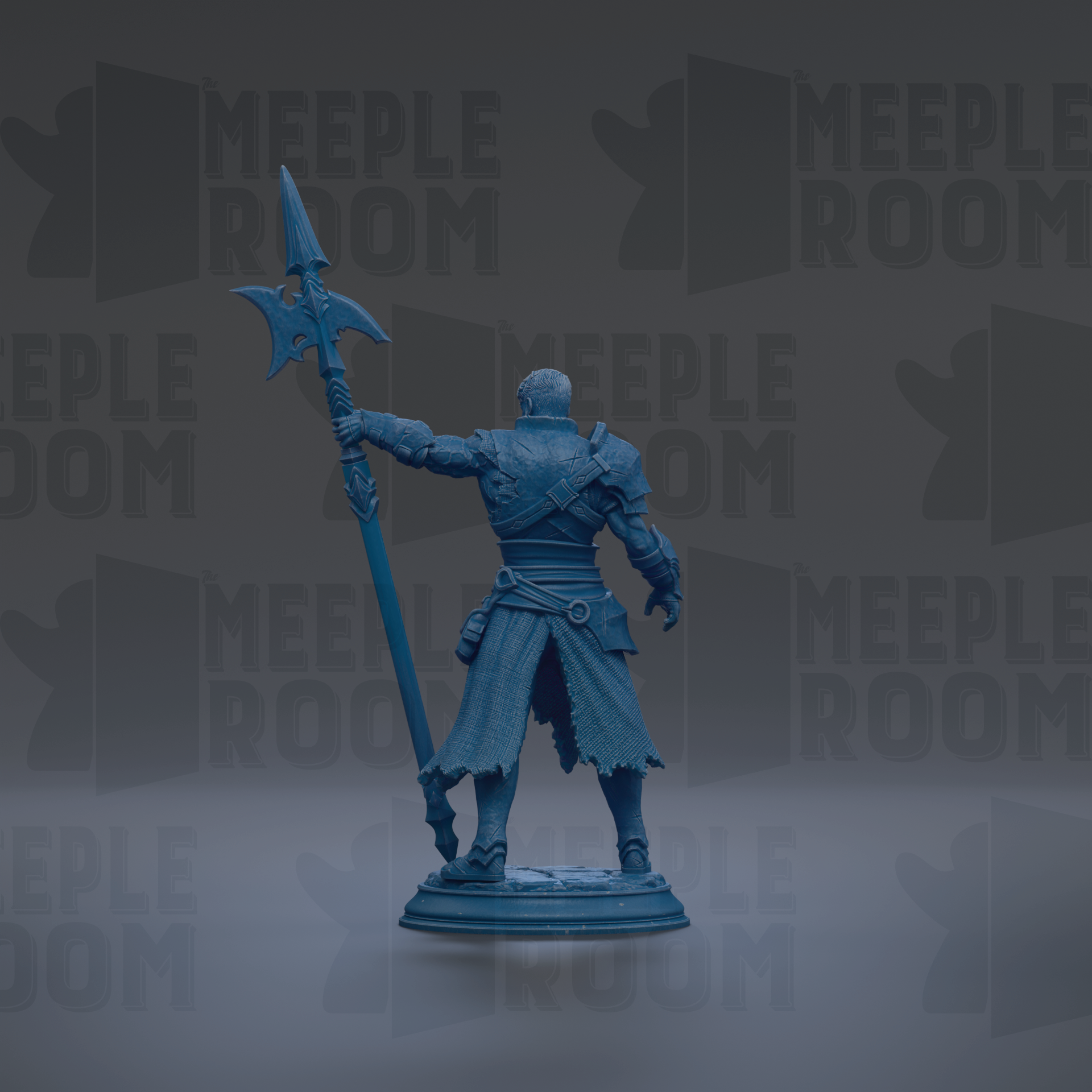 A blue figurine of a warrior standing with a spear in hand, against a dark background with repeated text.