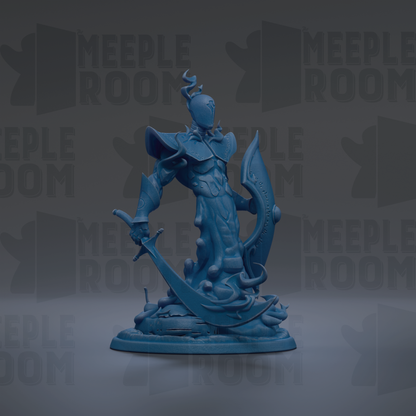A blue figurine of a warrior-like character with a sword and shield, standing on a base and holding a shield.