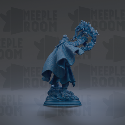 A blue statue of a figure with a flowing cape and holding a staff, standing on a pedestal against a dark background with repeated text.