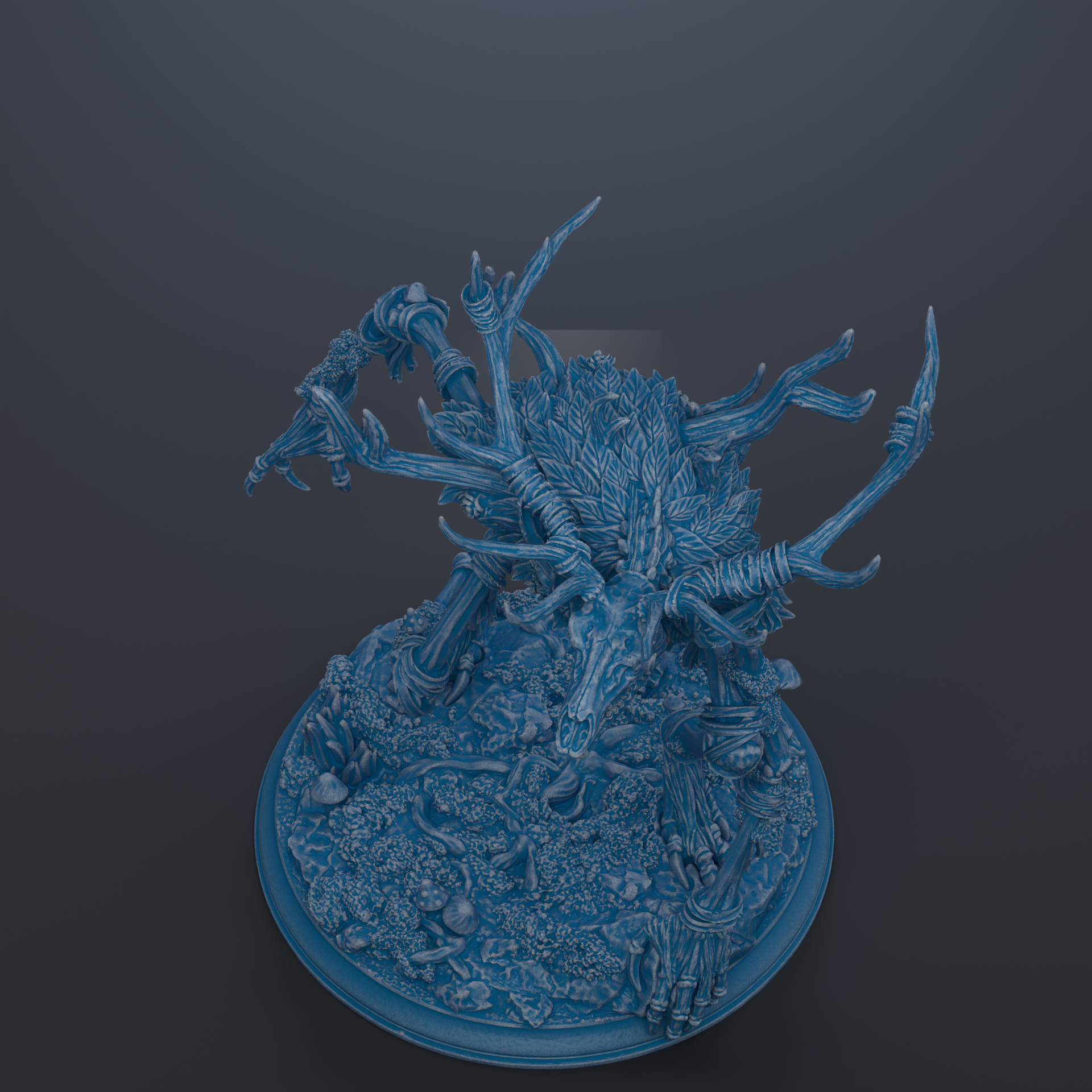 A detailed 3D rendering of a fantastical creature with intricate, organic-looking features, including a large head, long limbs, and a complex body structure. The creature appears to be a hybrid of different organic forms, creating a striking and visually captivating image.