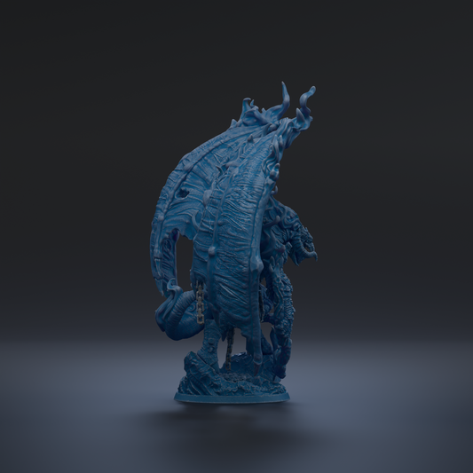 A blue dragon figurine with intricate details and a fierce expression stands prominently against a dark background.