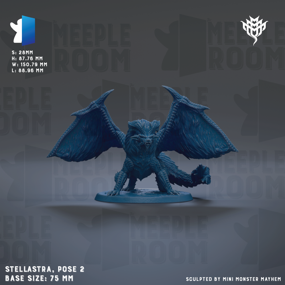 The image is a 3D model of a blue dragon-like creature with wings, displayed on a base. The base size is 75 millimeters, and the model is posed in a standing position. The image is a 3D rendering of the creature, and it is not a collage of multiple images. The image does not contain any text, and it does not describe the creature in detail. The image does not include any information about the creator or the model's origin.