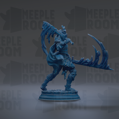 A blue figurine of a warrior wielding a sword and shield stands on a pedestal against a dark background with repeated text.