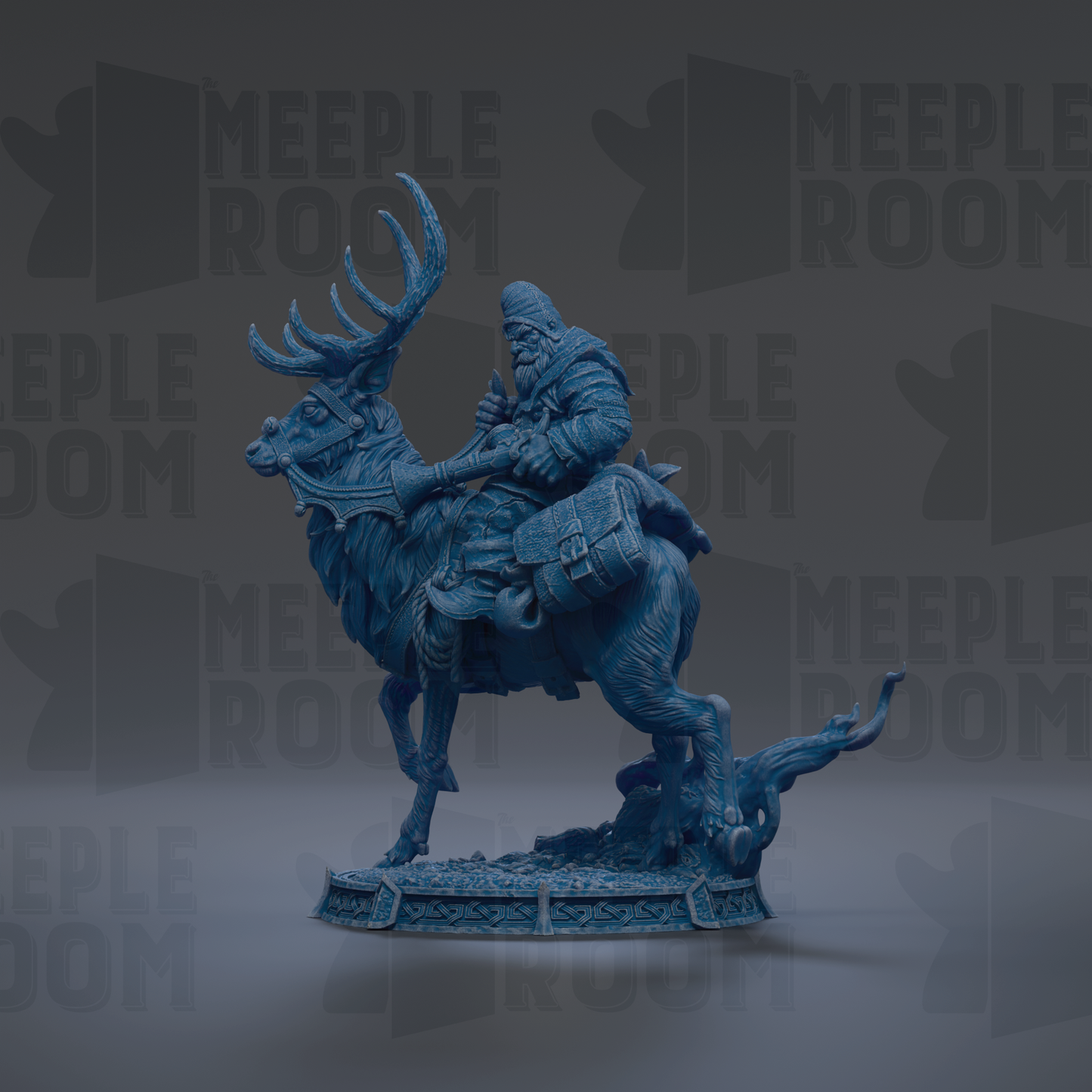 A blue statue of a man riding a reindeer, with the text "MEUPLE ROOM" repeated in the background.