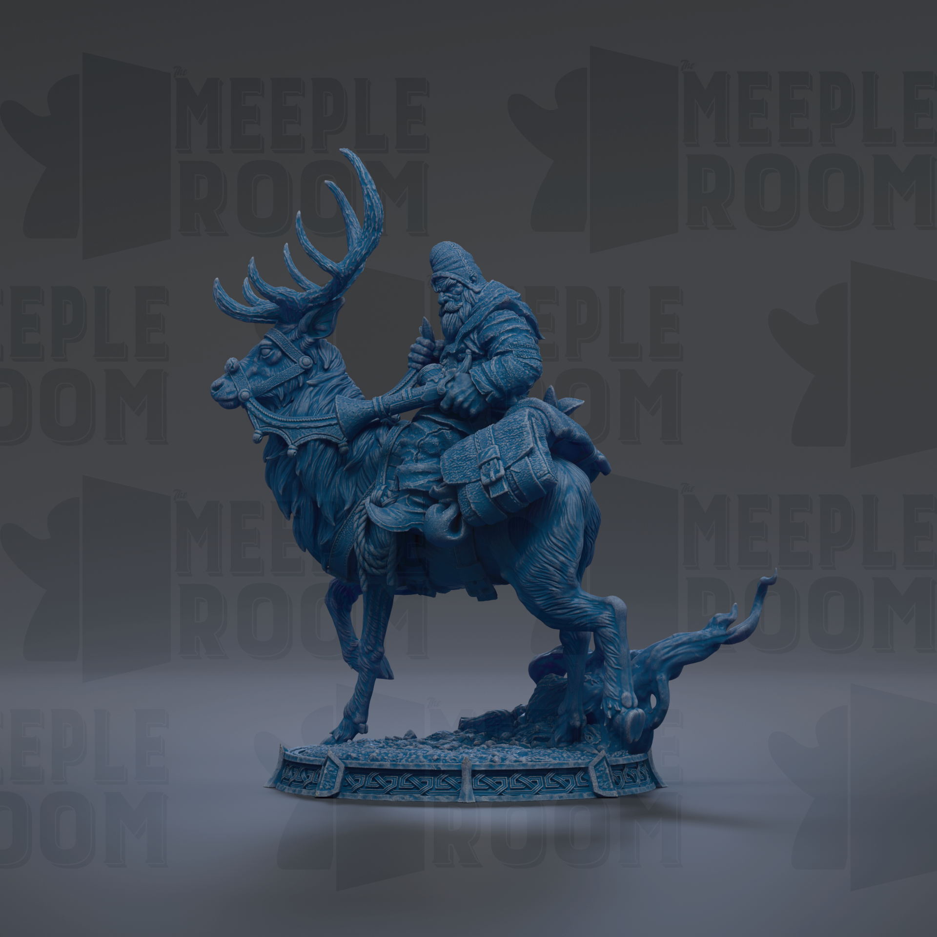A blue statue of a man riding a reindeer, with the text "MEUPLE ROOM" repeated in the background.