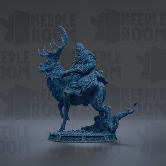 A blue statue of a man riding a reindeer, with the text "MEUPLE ROOM" repeated in the background.