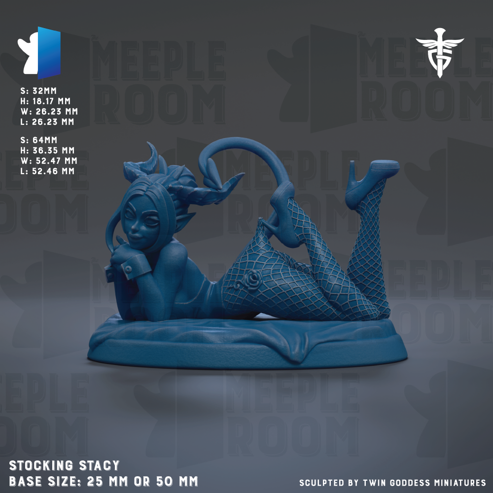 The image is a 3D rendering of a figurine of a woman in a fishnet stocking, displayed on a base size of 25mm or 50mm.