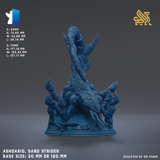 The image is a 3D rendering of a sand strider figurine, which is a type of figurine made from sand. The figurine is depicted in a dynamic pose, with its legs spread out and its head tilted upwards. The base size of the figurine is either 20 or 120 millimeters. The image is a 3D rendering of the sand strider, and it is presented in a realistic style.