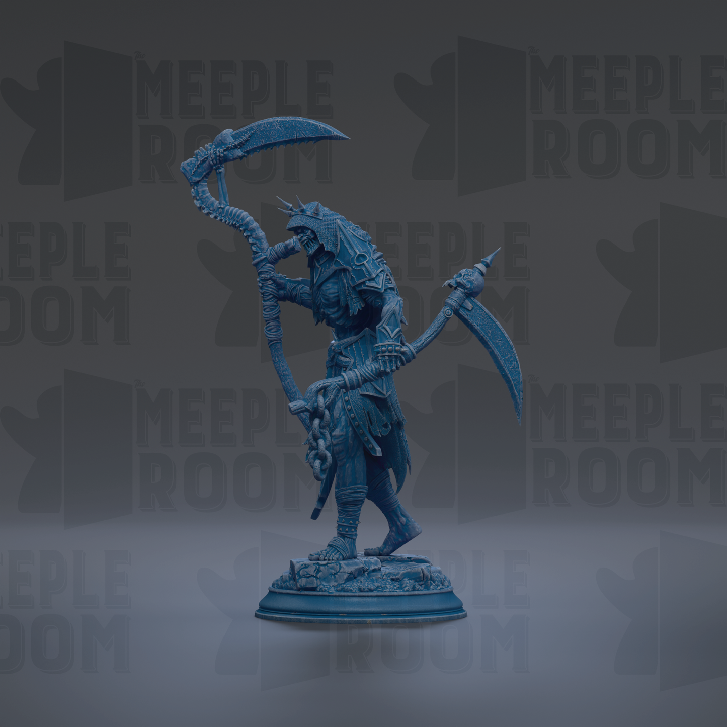 A blue figurine of a warrior-like character with a scythe and other weapons, standing on a pedestal against a dark background with repeated text.