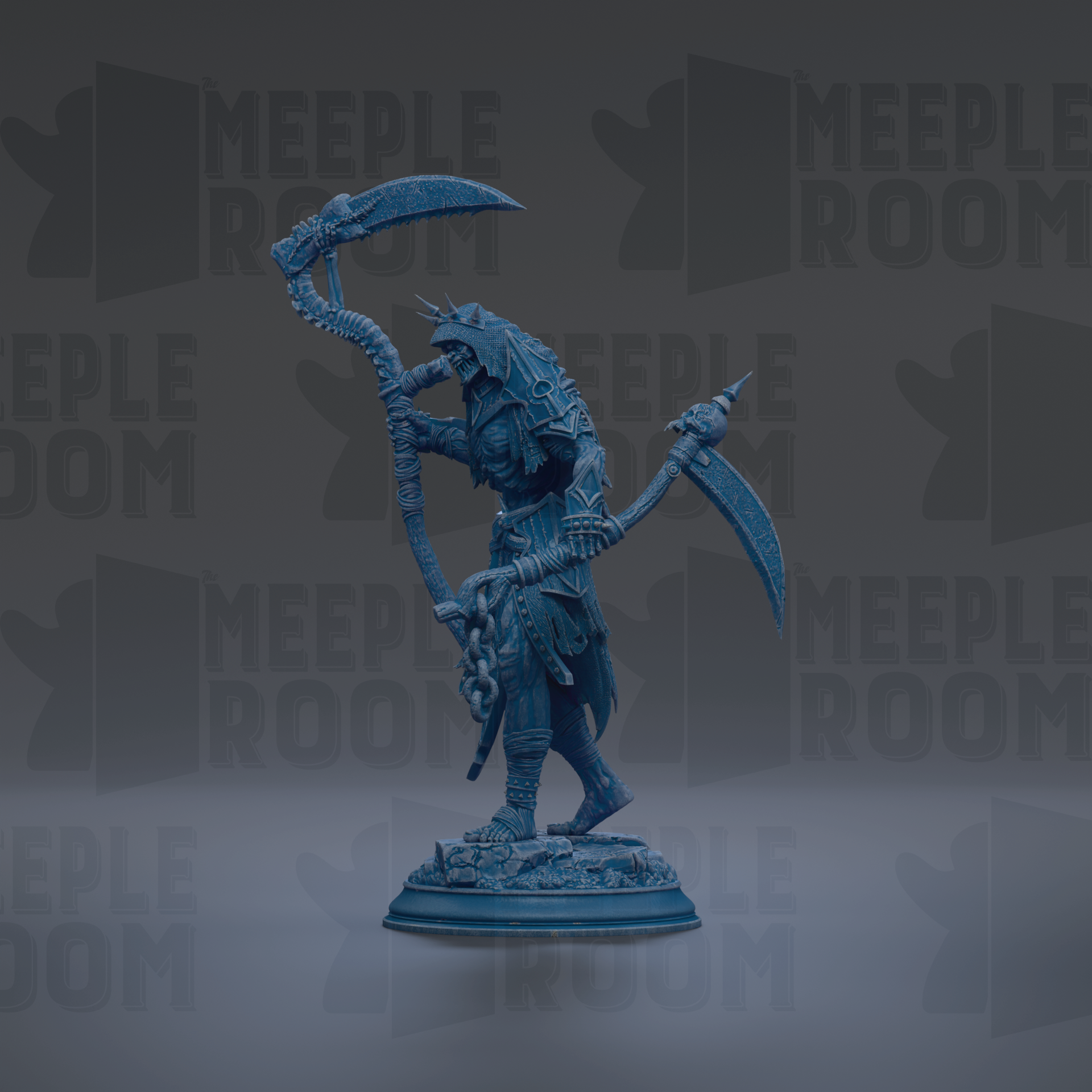 A blue figurine of a warrior-like character with a scythe and other weapons, standing on a pedestal against a dark background with repeated text.