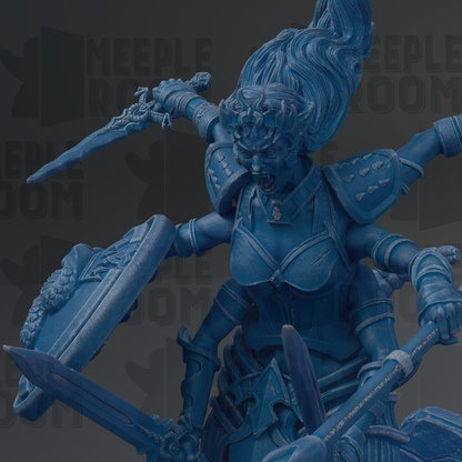 A detailed 3D rendering of a female warrior figure, with intricate armor and wielding various weapons.