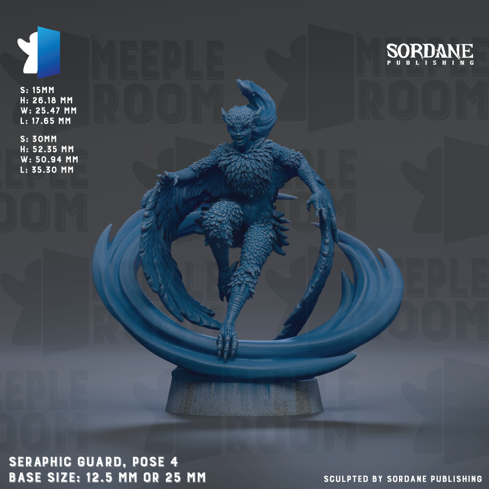 The image is a 3D rendering of a blue, winged statue of a creature, likely a mythical or fantastical being, positioned on a pedestal. The statue appears to be a sculpture or figurine, and the image is described as a "SERAPHIC GUARD, POSE 4" with a base size of either 12.5 mm or 25 mm. The background of the image is a dark blue color, and the text "SORDANE PUBLISHING" is visible, indicating that the image is likely from a published work by Sordane.